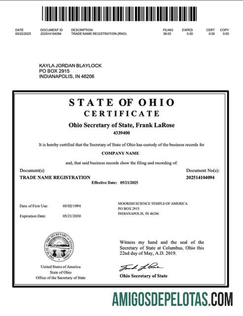 Modelo realista de registro de nome comercial nos EUA, Ohio, Word e PDF